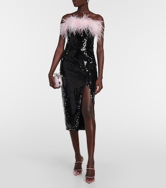 Feather-trimmed sequined midi dress | Self-Portrait