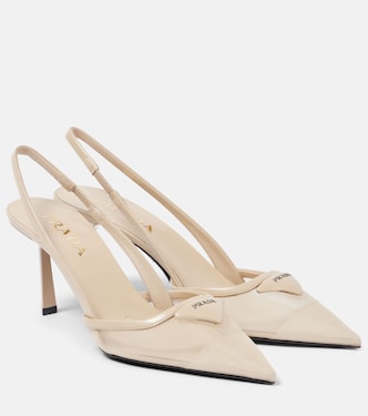 Logo leather-trimmed mesh slingback pumps | Prada