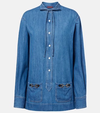 Horsebit leather-trimmed denim shirt | Gucci