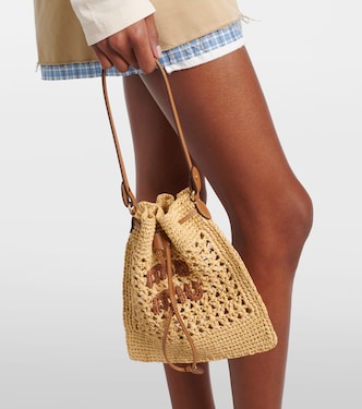 Logo leather-trimmed raffia bucket bag | Miu Miu