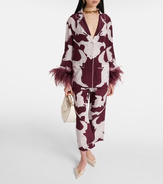 Printed feather-trimmed silk crêpe de chine blouse | Valentino