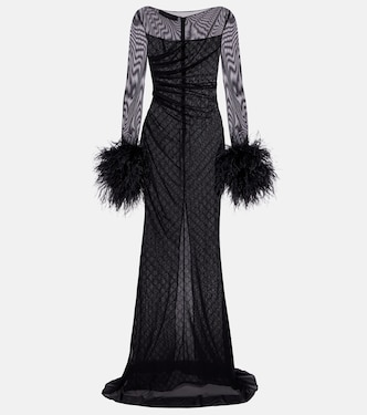 GG feather-trimmed sheer gown | Gucci