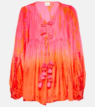 Balloon-sleeve tie-dyed pompom silk top | Anna Kosturova