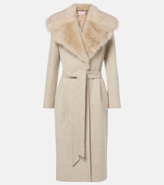 Faux fur-trimmed virgin wool wrap coat  | Valentino