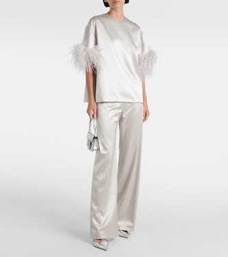 Feather-trimmed silk satin top | Valentino