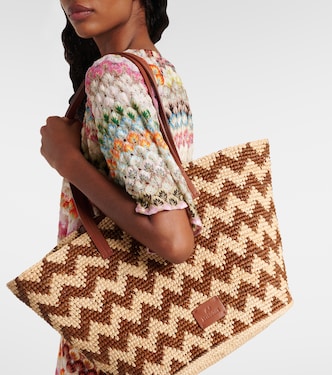 Zigzag Large leather-trimmed raffia tote bag | Missoni