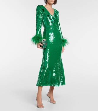 Feather-trimmed sequined midi dress | Self-Portrait