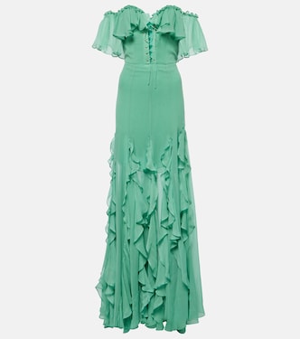 Off-shoulder corset silk gown | Costarellos