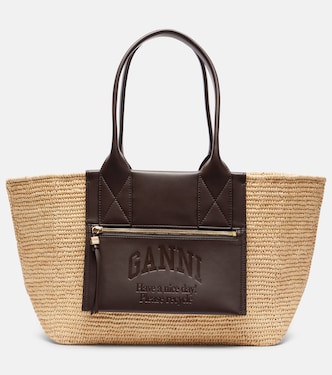 Faux leather-trimmed raffia tote bag | Ganni