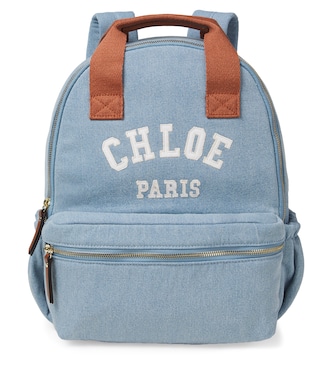 Logo leather-trimmed denim backpack | Chloé Kids