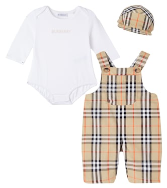 Baby cotton baseball cap, bodysuit, and overalls set | Burberry Kids