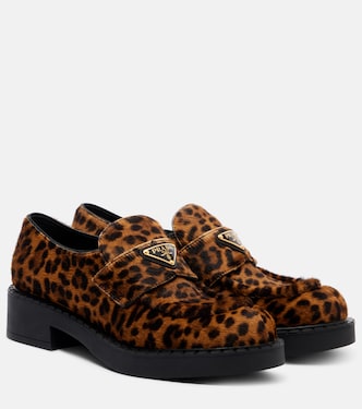 Chocolate leopard-print calf hair loafers | Prada