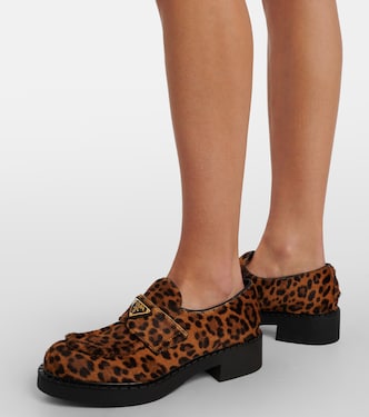 Chocolate leopard-print calf hair loafers | Prada