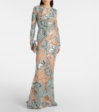 Abito lungo in misto seta con paillettes | Elie Saab