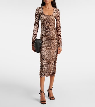 Leopard-print ruched mesh midi dress | Ganni