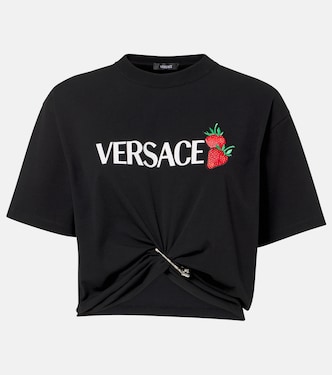 T-shirt cropped in cotone con stampa | Versace
