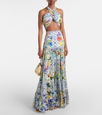 Falda larga de seda floral a capas | Camilla
