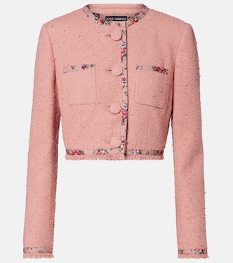 Giacca cropped in tweed di misto cotone con stampa floreale | Dolce&Gabbana