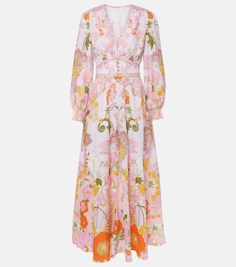 Vestido largo de lino floral adornado | Camilla