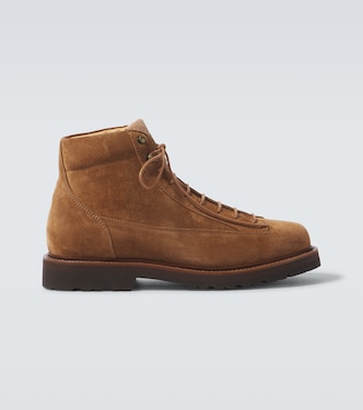 Corduroy-trimmed leather lace-up boots | Brunello Cucinelli