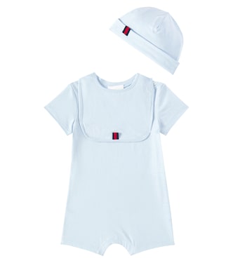 Baby cotton playsuit, bib, and hat set | Gucci Kids