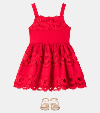Bow-detail broderie anglaise linen dress | Self-Portrait Kids