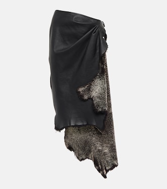 Draped high-rise leather and shearling midi skirt | Alaïa