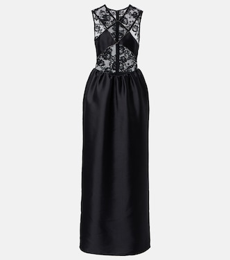 Floral lace-trimmed taffeta maxi dress | Self-Portrait