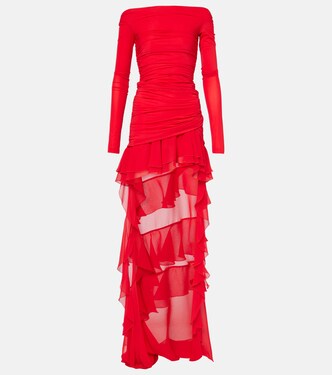 Off-shoulder asymmetric ruffled maxi dress | Blumarine