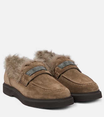Monili shearling-trimmed suede loafers | Brunello Cucinelli
