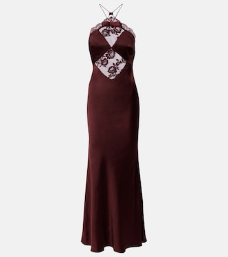Lace-trimmed halterneck satin gown  | Self-Portrait