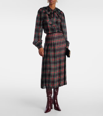 Checked pleated silk charmeuse midi dress | Saint Laurent