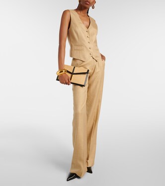 Tokyo leather-trimmed raffia clutch | DeMellier