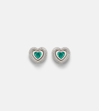Heart 18kt gold stud earrings with diamonds and emeralds | Kamyen