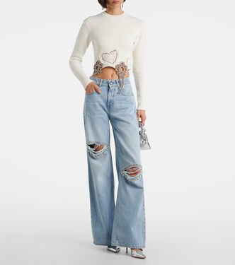 Distressed embellished wide-leg jeans | Area