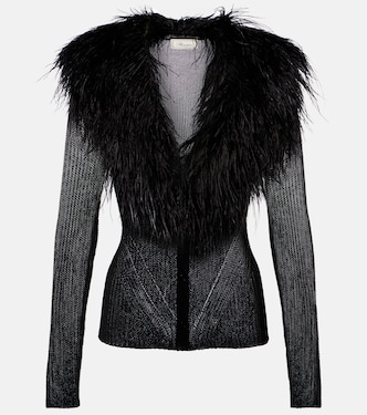Feather-trimmed ribbed-knit cardigan | Blumarine