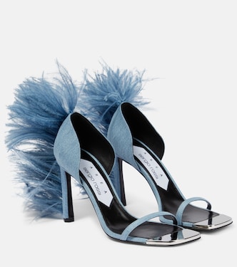 x Sergio Rossi Amazona feather-trimmed denim sandals | Area