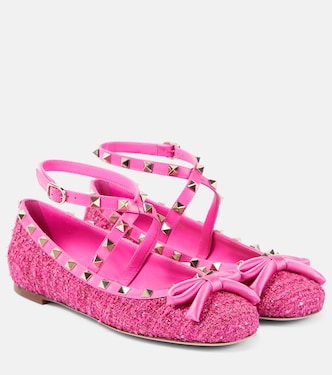 Rockstud leather-trimmed bouclé ballet flats | Valentino Garavani