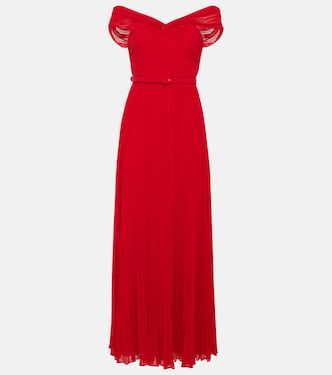 Pleated off-shoulder chiffon gown | Self-Portrait
