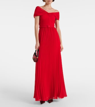 Pleated off-shoulder chiffon gown | Self-Portrait