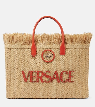 La Medusa leather-trimmed straw tote bag | Versace