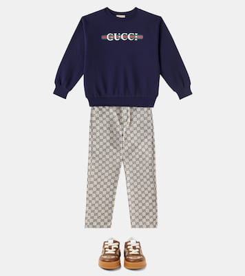 Web Stripe logo cotton jersey sweatshirt in blue Gucci Kids Mytheresa