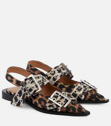 Leopard-print satin slingback flats | Ganni