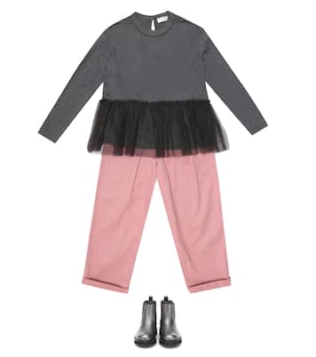 Longsleeve aus Baumwolle mit Tüll | Brunello Cucinelli Kids