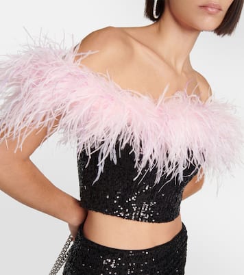 Top cropped con paillettes e piume | Self-Portrait