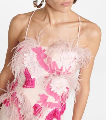 Feather-trimmed embroidered midi dress | Xu Zhi