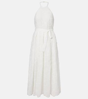 Embroidered belted cotton-blend midi dress | Elie Saab