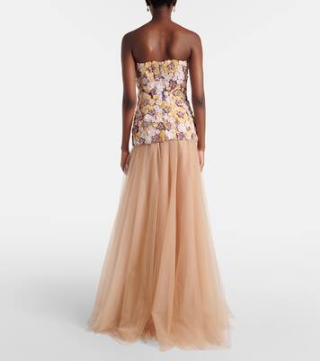 Theia floral-appliqué sequined tulle gown | Costarellos