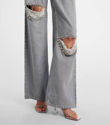 Distressed embellished wide-leg jeans | Area