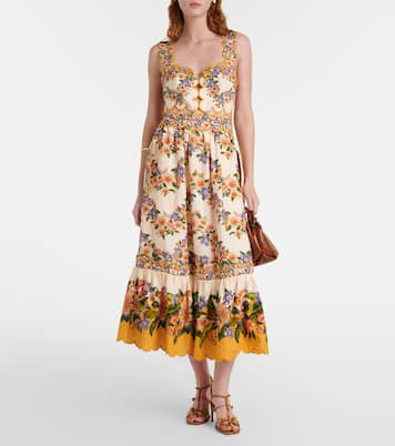 Floral scalloped linen-blend midi dress | Farm Rio